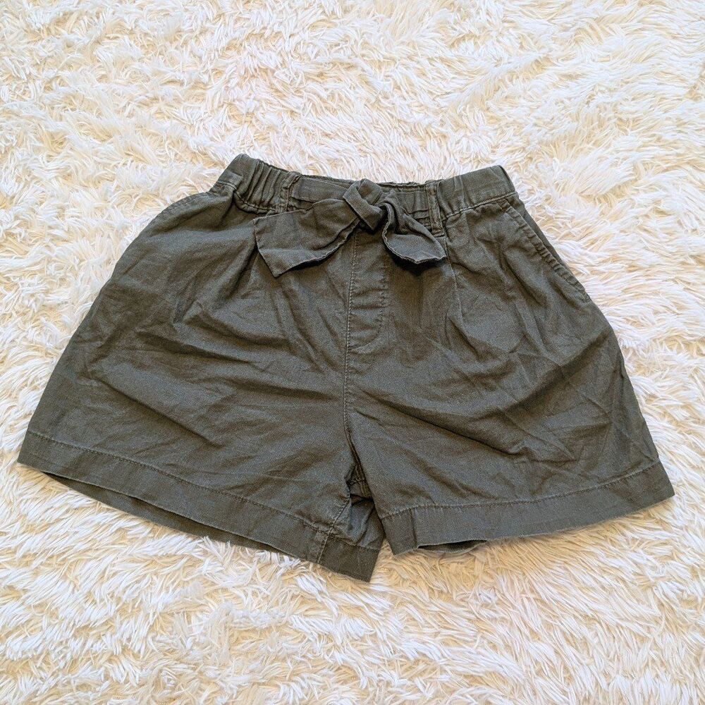 Uniqlo Girls Size 5/6 Olive Green Cotton Linen Blend Paper Bag Waist Shorts